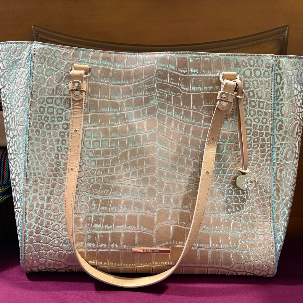 Brahmin April Tan And Bluish Green Colored Tote Bag With Chic Design